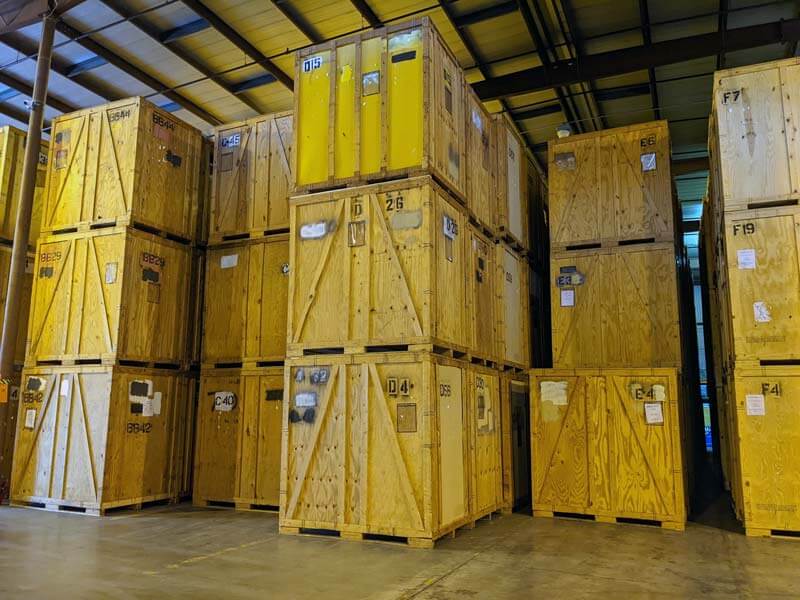 Tall, stacked crates in Richmond Storage Warehouse